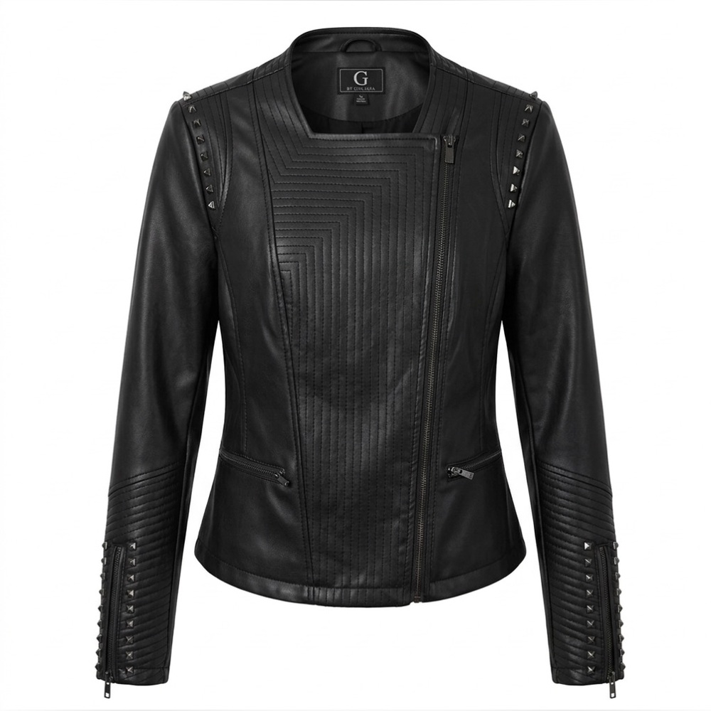 G BY GIULIANA Black Label Black Studded Faux Leather Moto Jacket XS